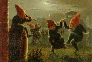 Maneskinslandskab Med Nisser, Der Danser Ved Gravhojen Til Violinspil by Hans Christian Ley