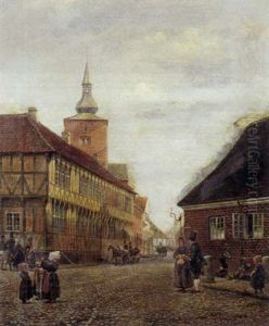 Folkeliv I Randers Med Kirken Og Niels Ebbesens Gard by Hans Christian Ley