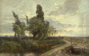 Oberbayerische Landschaft Im Sonnenuntergang, Im Hintergrund Eine Schafherde