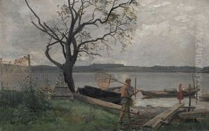 Fischer Am Ufer Des Bodensees Mit Blick Auf Bodman by Sophie Ley