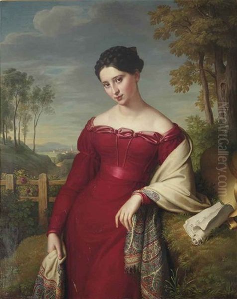 Potrait Of A Young Elegant Lady, In A Red Dress With An Embroidered Shawl, Standing In A Landscape - view 1
