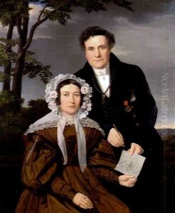 Portrait Des Johann Fritz Und Seiner Frau Auf Einer Terrasse Vor Landschaftshintergrund by Eduard Friedrich Leybold