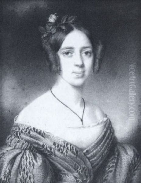 A Lady Wearing Blue, Green And Red Patterned Dress, White Underdress, Belt With Jewelled Buckle, A Ribbon At Her Neck, Fresh Flowers In Her Hair - view 1