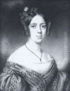 A Lady Wearing Blue, Green And Red Patterned Dress, White Underdress, Belt With Jewelled Buckle, A Ribbon At Her Neck, Fresh Flowers In Her Hair