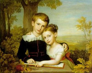 Portrait Of Two Children With An Extensive Landscape Beyond by Jakob Theodor Leybold
