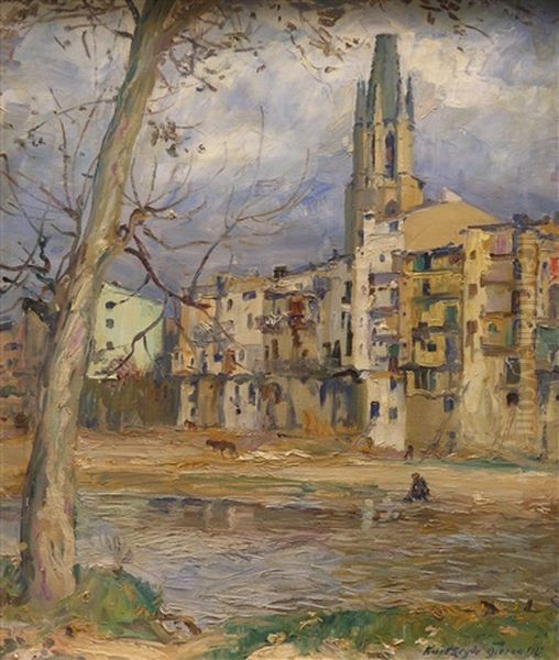 Blick Uber Den Teils Ausgetrockneten Fluss Onyar Auf Die Kirche San Felix In Girona - view 1