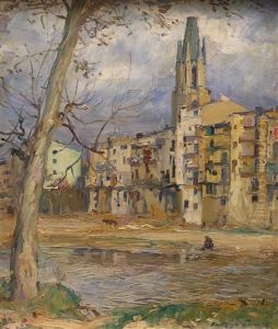 Blick Uber Den Teils Ausgetrockneten Fluss Onyar Auf Die Kirche San Felix In Girona by Kurt Leyde