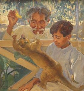 Vater Und Sohn Beim Spiel Mit Einem Wickelbaren (potos Flavus) by Kurt Leyde