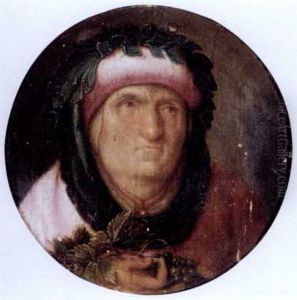 A Portrait Of A Poet, Head And Shoulders, Wearing Pink And Holding A Bunch Of Grapes
