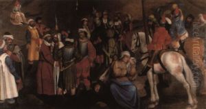 Turkish (?) Soldiers With Other Figures Preparing To Leave For Battle by Lucas Van Leyden