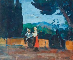 Scene Galante Sur Une Terrasse by Louis Leydet