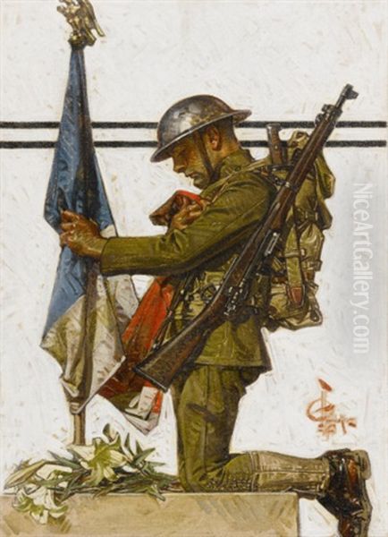 Soldier Kneeling At French Memorial - view 1