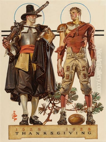 Thanksgiving, 1628-1928: 300 Years (pilgrim And Football Player), The Saturday Evening Post Cover, November 24, 1928 - view 1