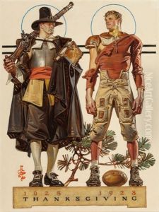 Thanksgiving, 1628-1928: 300 Years (pilgrim And Football Player), The Saturday Evening Post Cover, November 24, 1928 by Joseph Christian Leyendecker