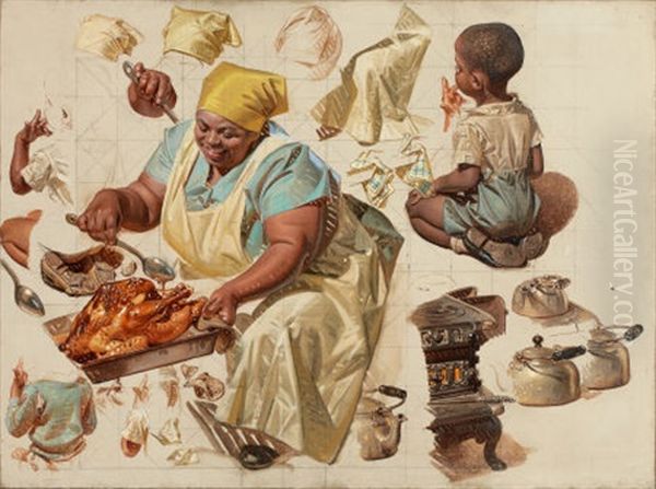 Basting The Turkey, Saturday Evening Post Cover (study) (+ 2 Other Studies, Irgr; 3 Works) - view 1