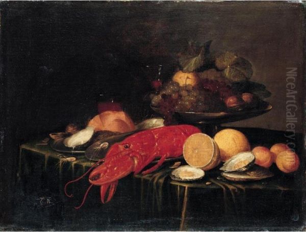 Still Life Of A Tazza Of Fruit, Together With A Lobster, Oysters, Prawns, Lemons And Peaches, Arranged Upon A Table-top Draped With A Green Cloth - view 1