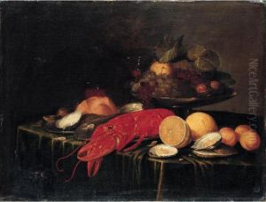 Still Life Of A Tazza Of Fruit, Together With A Lobster, Oysters, Prawns, Lemons And Peaches, Arranged Upon A Table-top Draped With A Green Cloth by Andries, Andrea Benedetti