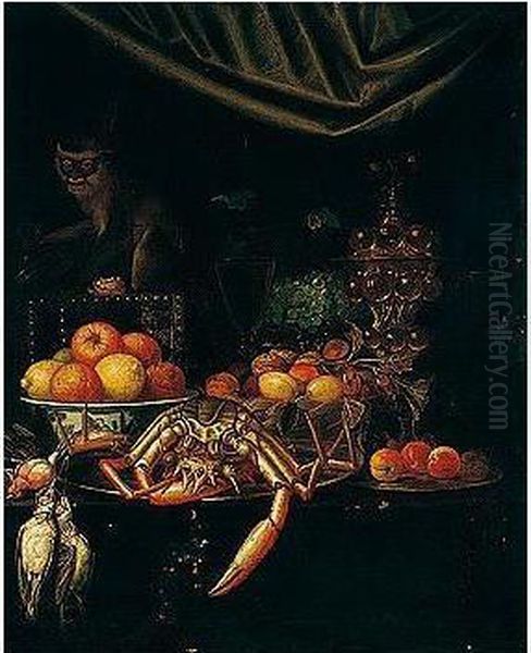 A Still Life Of Oranges And Lemons In A Porcelain Bowl, Fruit And Nuts In A Wicker Basket, Grapes On A Silver Tazza, Apricots And A Spider Crab On Pewter Plates, An Ormolu Goblet And A Wine Glass, Songbirds, Arranged Upon A Table Top, Together With A Monk - view 1