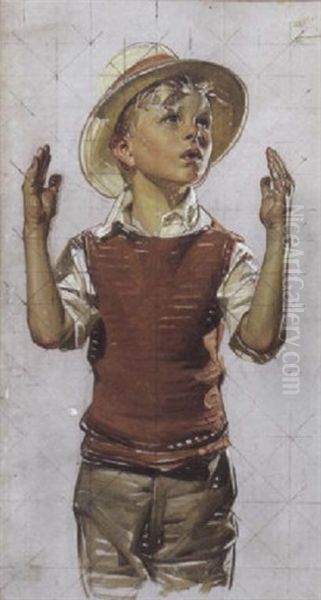 A Study Of A Boy Wearing A Hat With His Hands Raised - view 1