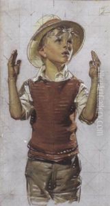 A Study Of A Boy Wearing A Hat With His Hands Raised