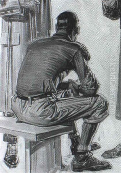 Partial Advertisement: Football Player Seated On Bench,     Standing Figures Nearby - view 1