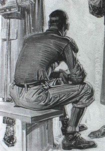 Partial Advertisement: Football Player Seated On Bench, Standing Figures Nearby by Joseph Christian Leyendecker