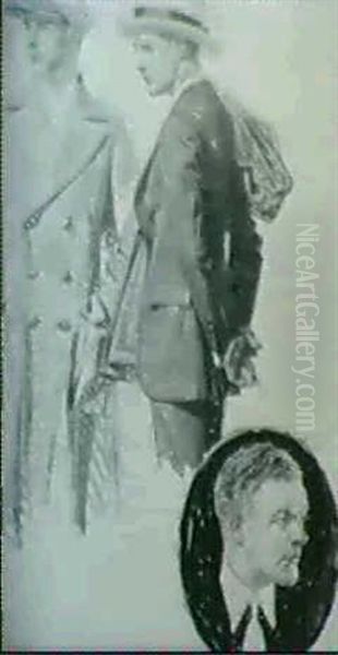 Preliminary Study For Advertisement. Men In Hats In Profile,man's Head In Cameo. Kuppenheimer Clothes, Ca. 1915 - view 1