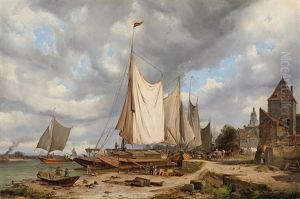 Hafenansicht Mit Lastkahnen by Julius Karl von Leypold