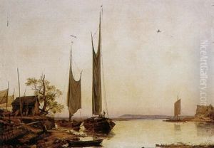 Abendliche Elblandschaft Mit Angelegten Fischerkahnen