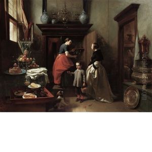 Interior With A Boy Offering A Treat To A Dog by Hendrik Jan Augustyn Leys