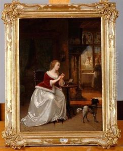 Jeune Fille A La Couture Dans Un Interieur by Hendrik Jan Augustyn Leys