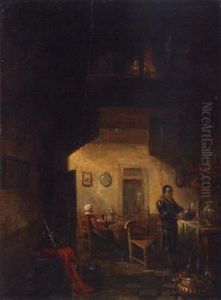 An Interior Scene With Figures At A Table And A Gentleman By A Sideboard