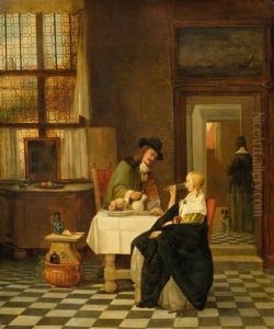 An Interior Scene With Elegant Figures At A Table