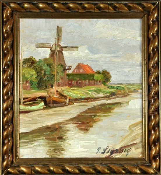 Niederlandische Flusslandschaft Mit Booten Und Windmuhle - view 1