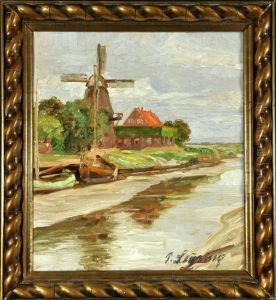 Niederlandische Flusslandschaft Mit Booten Und Windmuhle by Piet Leysing