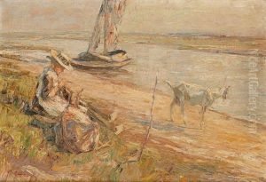 Fischer Mit Weiser Ziege Am Wasser by Piet Leysing