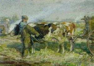 Bauern Mit Ochsenkarren Auf Dem Felde by Piet Leysing