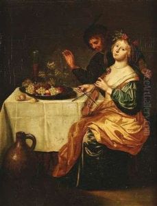 Eine Junge Frau Sitzt An Einem Reich Gedeckten Tisch Und Spielt Auf Einer Geige by Judith Leyster