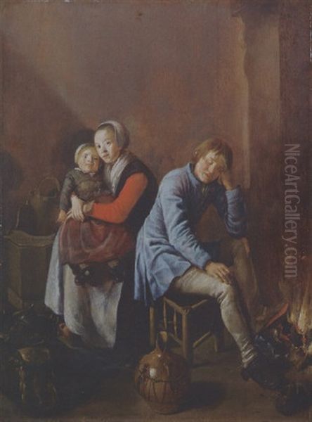 A Youth Asleep, And A Young Mother And Her Child At A Fireside In An Interior - view 1