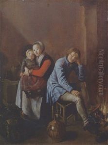 A Youth Asleep, And A Young Mother And Her Child At A Fireside In An Interior
