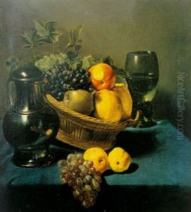 A Still Life Of A Basket Of Fruit, A Pewter Tankard, A Glass Roemer, Grapes And Apples, All Resting On A Table
