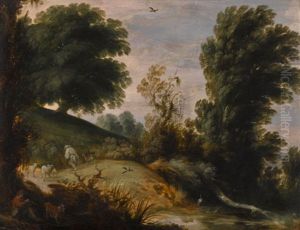 A Wooded Landscape With A Shepherd Tending His Flock On A Riverbank by Gysbrecht Leytens