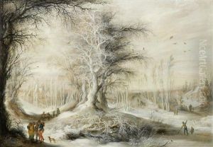 A Winter Landscape Travellers, A Village Beyond by Gysbrecht Leytens