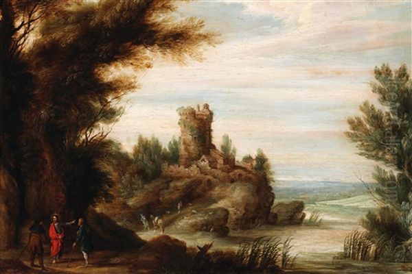 Wooded River Landscape With Christ And The Emmaus Disciples - view 1