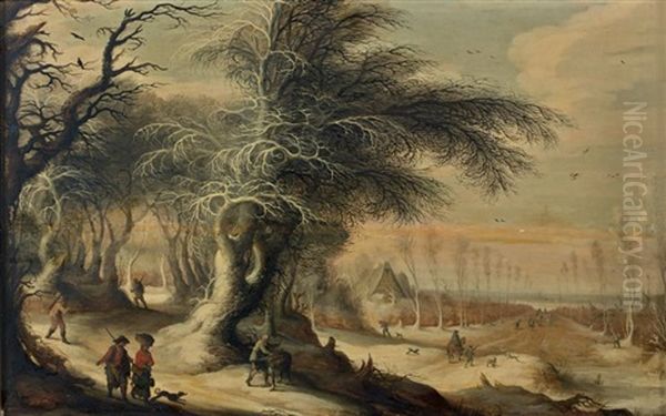 Paysage D'hiver Avec Des Villageois En Chemin - view 1
