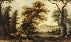 Landschaft Mit Jagern Und Schloss Im Hintergrund by Gysbrecht Leytens