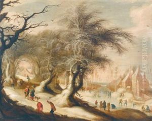 A Winter Landscape With Skaters On A Frozen River And Peasants Collecting Wood by Gysbrecht Leytens