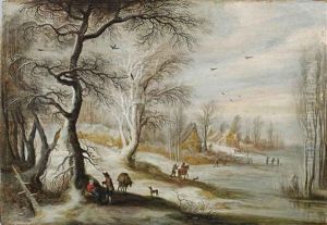 A Winter Landscape With A Woman And Woodmen On A Wooded Track, A Village Beyond A Winter Landscape With A Woman And Woodmen On A Wooded Track, A Village Beyond