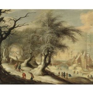A Winter Landscape With Skaters On A Frozen River And Peasants Collecting Wood by Gysbrecht Leytens