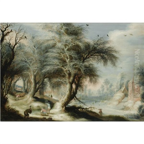 A Winter Landscape With Woodcutters On A Bank Beside A Frozen Canal, A Village To The Right by Gysbrecht Leytens